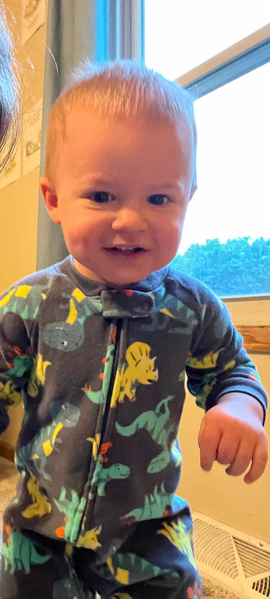 Benjamin joined the competition — help win amazing prizes! toddler, child, indoor, smiling, onesie, dinosaur_pattern, window, curtain, carpet, hand, face, hair, clothing, zipper, room, young_child, cute, happy, person, portrait