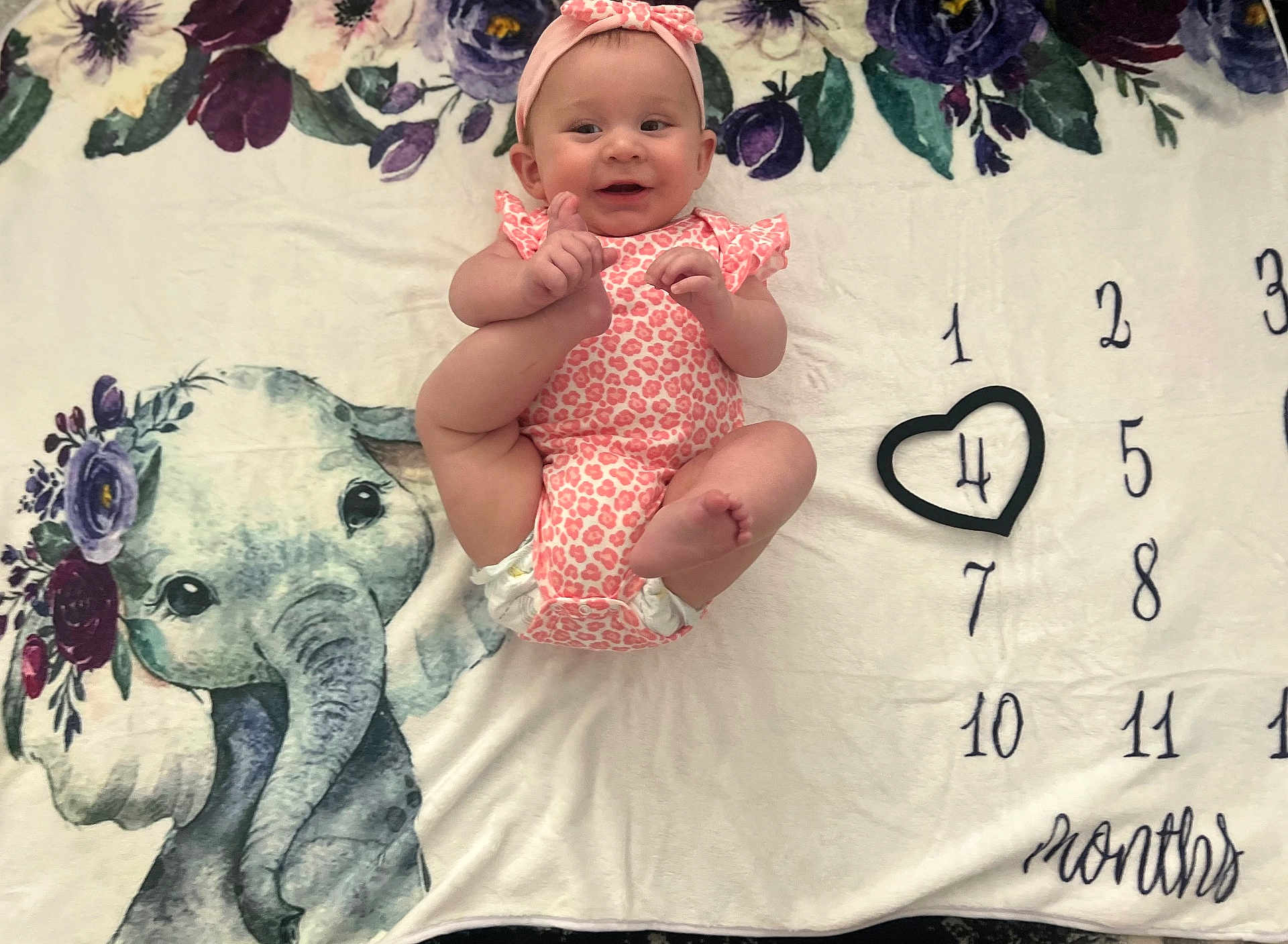 Kaycee is registered to the contest to win money with this photo: baby, infant, smiling, onesie, headband, milestone_blanket, elephant, floral, numbers, heart_shape, months, cute, child, lying_down, pink, patterned_clothing, soft_texture, happy, portrait, celebration