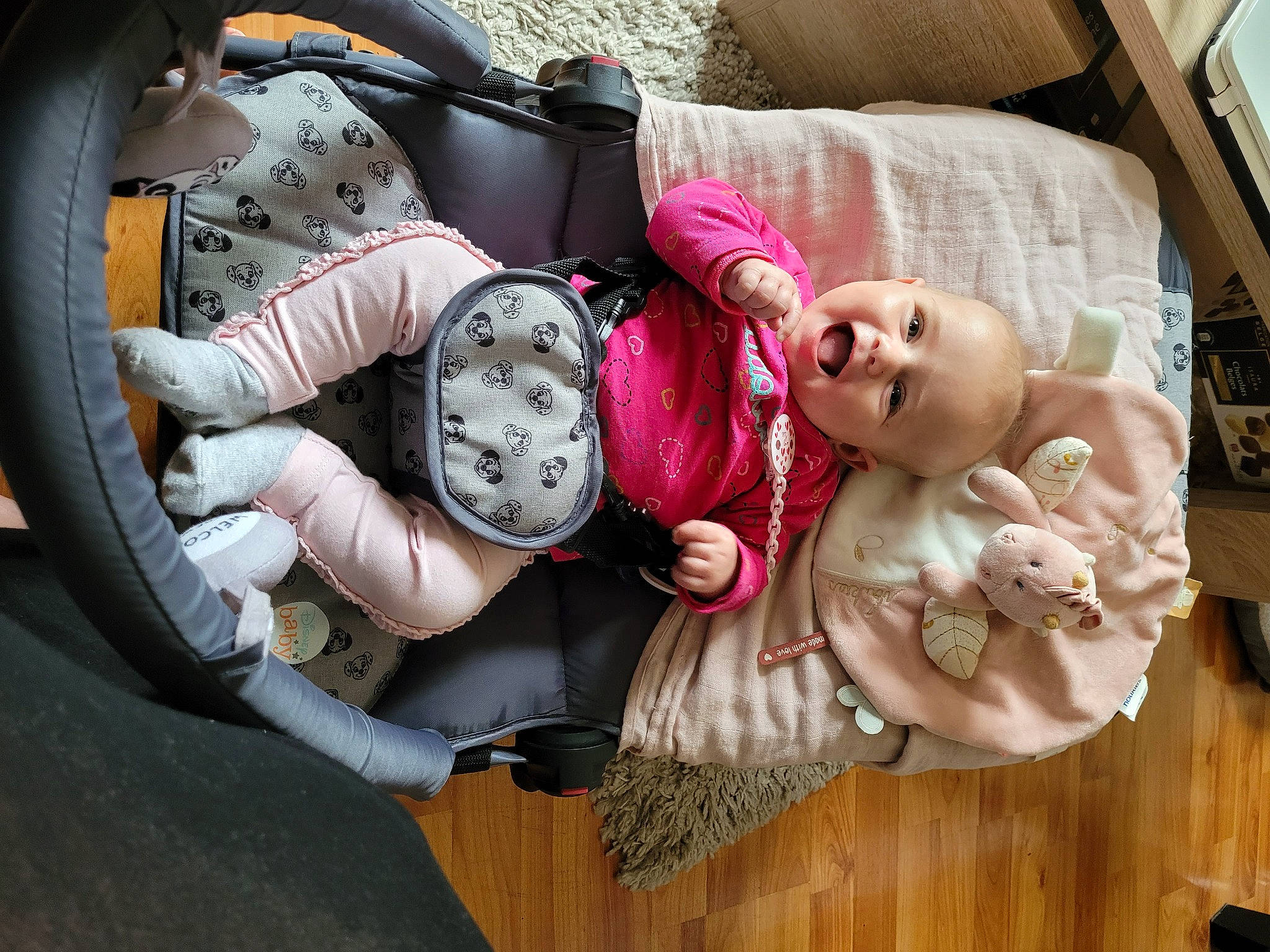 Joyce participe au concours pour gagner de l'argent avec cette photo : auto_part, automotive_tire, baby, baby_carriage, baby_products, baby_toddler_clothing, car_seat, child, doll, fashion_accessory, luxury_vehicle, person, personal_protective_equipment, pink, purple, sitting, steering_wheel, stuffed_toy, toddler, toy