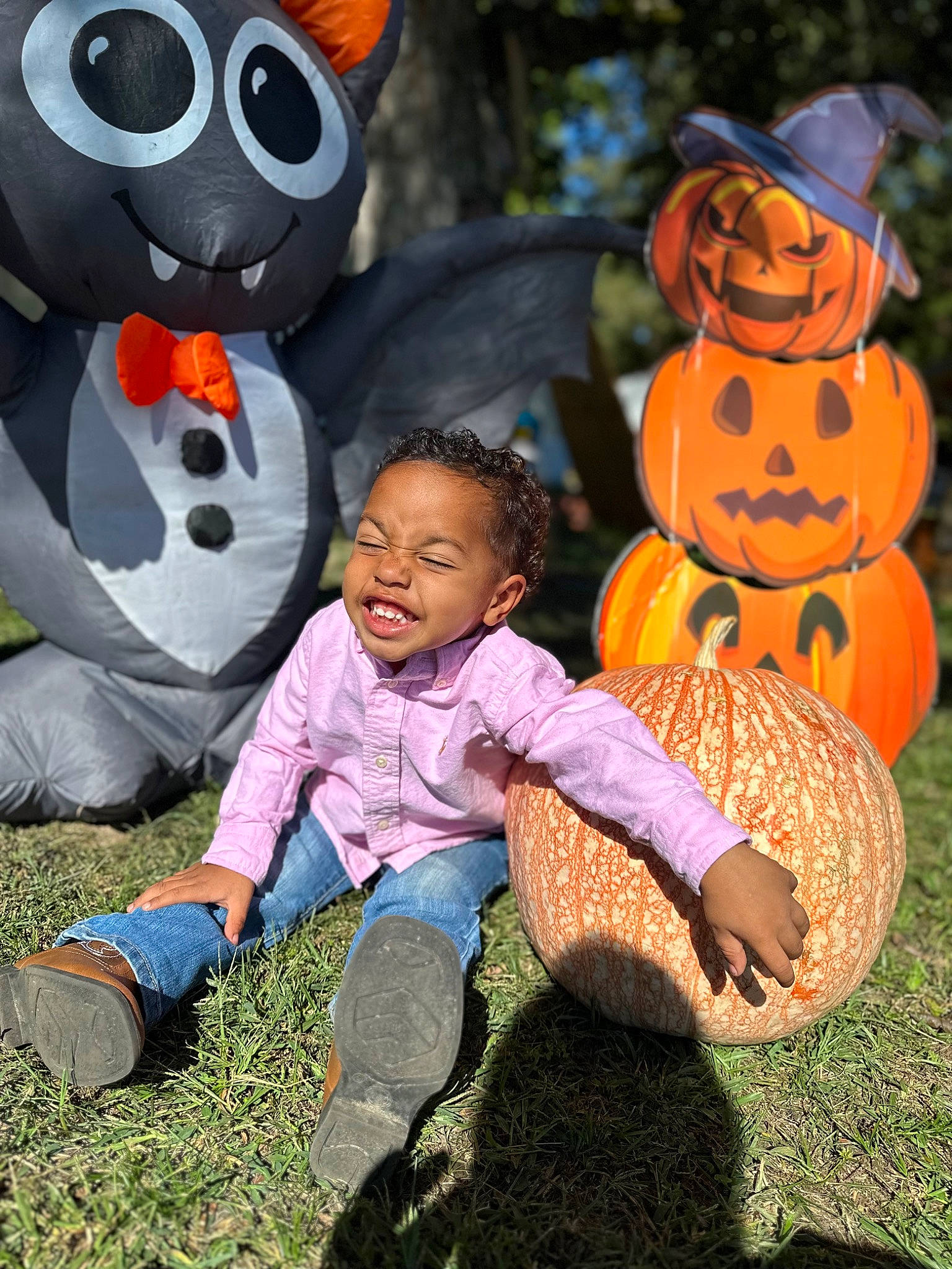 Braeson joined the competition — help win amazing prizes! art, calabaza, child, cucurbita, facial_expression, fun, gourd, grass, happy, hat, leisure, people_in_nature, person, plant, pumpkin, snapshot, sneakers, squash, toddler, vegetable