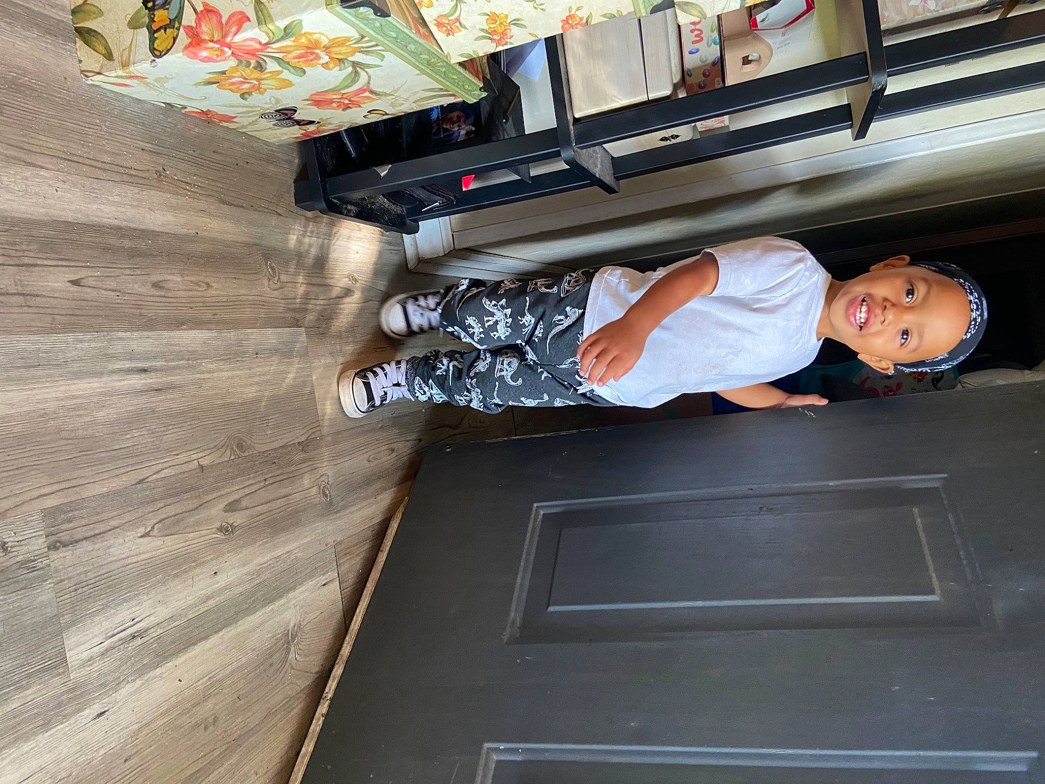 Braeson joined the competition — help win amazing prizes! automotive_exterior, ceiling, flooring, fun, hardwood, human_leg, person, plywood, room, t_shirt, toddler, varnish, wood, wood_stain