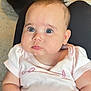 Sopho joined the competition — help win amazing prizes! baby, child, infant, face, eyes, pink_shirt, person, skin, arm, lap, carpet, dog, pet, blurred_background, indoors, cute, chubby_cheeks, portrait, curious, resting