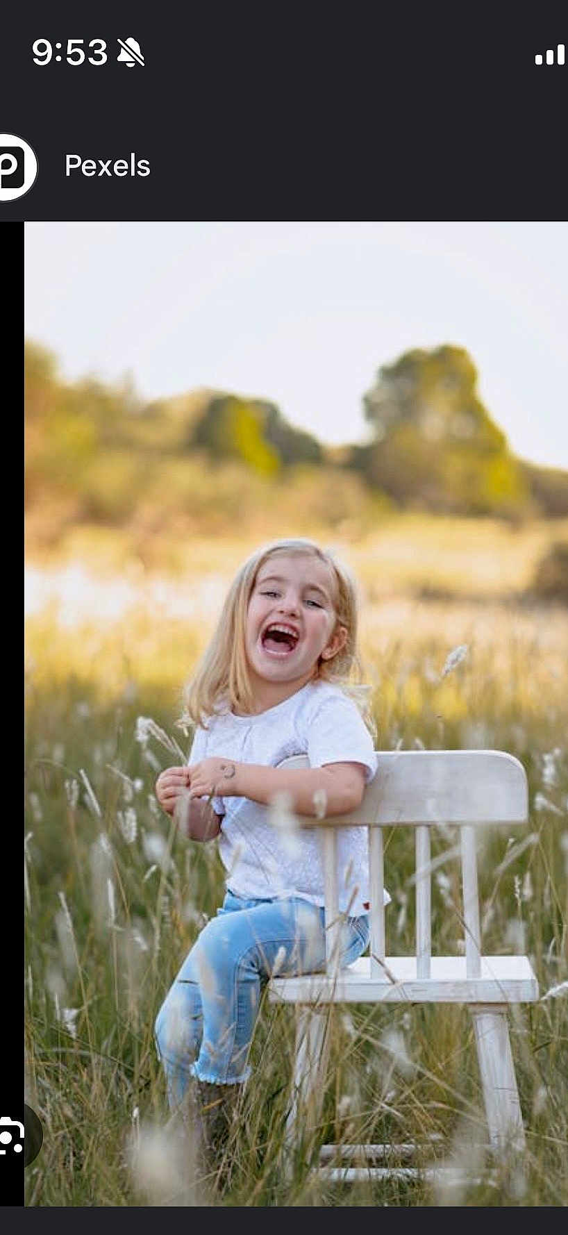 Sopho joined the competition — help win amazing prizes! child, girl, laughing, white_chair, grass, field, outdoor, nature, sunlight, blonde_hair, casual_clothing, blue_jeans, white_shirt, happy, portrait, sitting, daylight, smile, greenery, trees