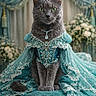 cat, gray_cat, tiara, necklace, dress, gown, jewelry, cushion, curtains, flowers, indoor, portrait, luxury, regal, animal, feline, ornate, blue, costume, decor