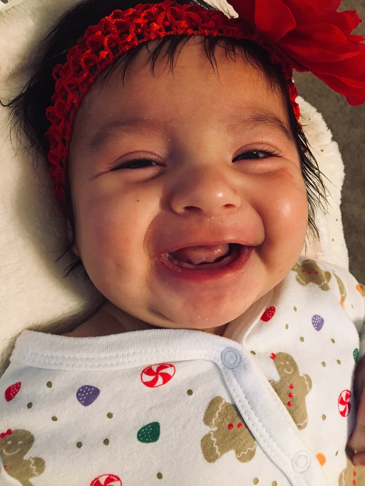 Lilliana Luna Romero is registered to the contest to win money with this photo: cheek, child, eye, face, facial_expression, girl, hair_accessory, happiness, head, infant, laughter, lip, nose, person, product, skin, smile, textile, toddler