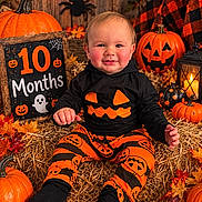 Riley joined the competition — help win amazing prizes! baby, child, infant, halloween, pumpkin, jack_o_lantern, costume, orange, black, smiling, sitting, portrait, autumn, leaves, hay, spider, lantern, decorations, indoor, celebration