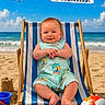 baby, child, beach, sand, beach_chair, blue_sky, ocean, toy_plane, banner, 6_months, sandcastle, bucket, shovel, beach_ball, toddler, smiling, sunny, summer, outdoor, romper