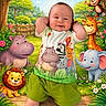 baby, child, cartoon_animals, zoo_sign, green_shorts, tshirt, elephant, giraffe, lion, hippopotamus, monkey, colorful, outdoor_scene, wooden_floor, flowers, grass, playful, happy, nature, cute
