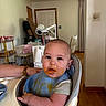 baby, infant, child, high_chair, baby_food, messy_face, bib, eating, indoors, dining_room, table, chair, portrait, face, smiling, brown_eyes, short_hair, feeding, household, photography