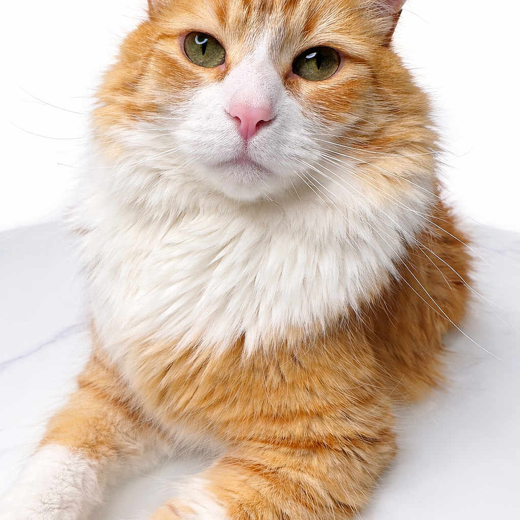 Benjamin Boots Duwel is registered to the contest to win money with this photo: animal, cat, closeup, cute, domestic_animal, feline, fluffy_fur, front_paws, ginger_cat, green_eyes, long_fur, orange_and_white, pet, pink_nose, portrait, relaxed, sitting, studio_shot, whiskers, white_background