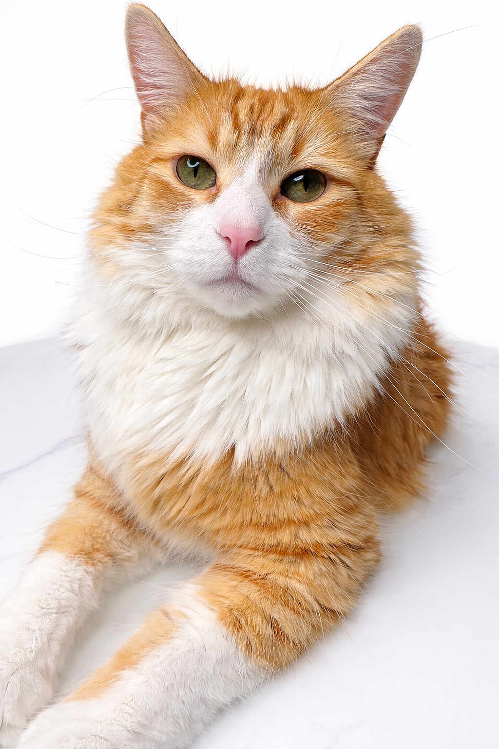 Benjamin Boots Duwel is registered to the contest to win money with this photo: animal, cat, closeup, cute, domestic_animal, feline, fluffy_fur, front_paws, ginger_cat, green_eyes, long_fur, orange_and_white, pet, pink_nose, portrait, relaxed, sitting, studio_shot, whiskers, white_background