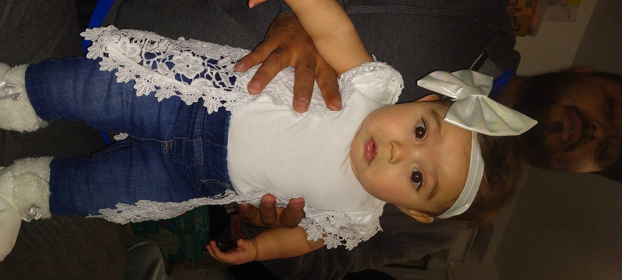 Emma joined the competition — help win amazing prizes! baby, baby_toddler_clothing, bridal_accessory, dress, embellishment, finger, gesture, hand, happy, hat, headgear, headpiece, headwear, iris, pattern, person, product, skin, sleeve, toddler