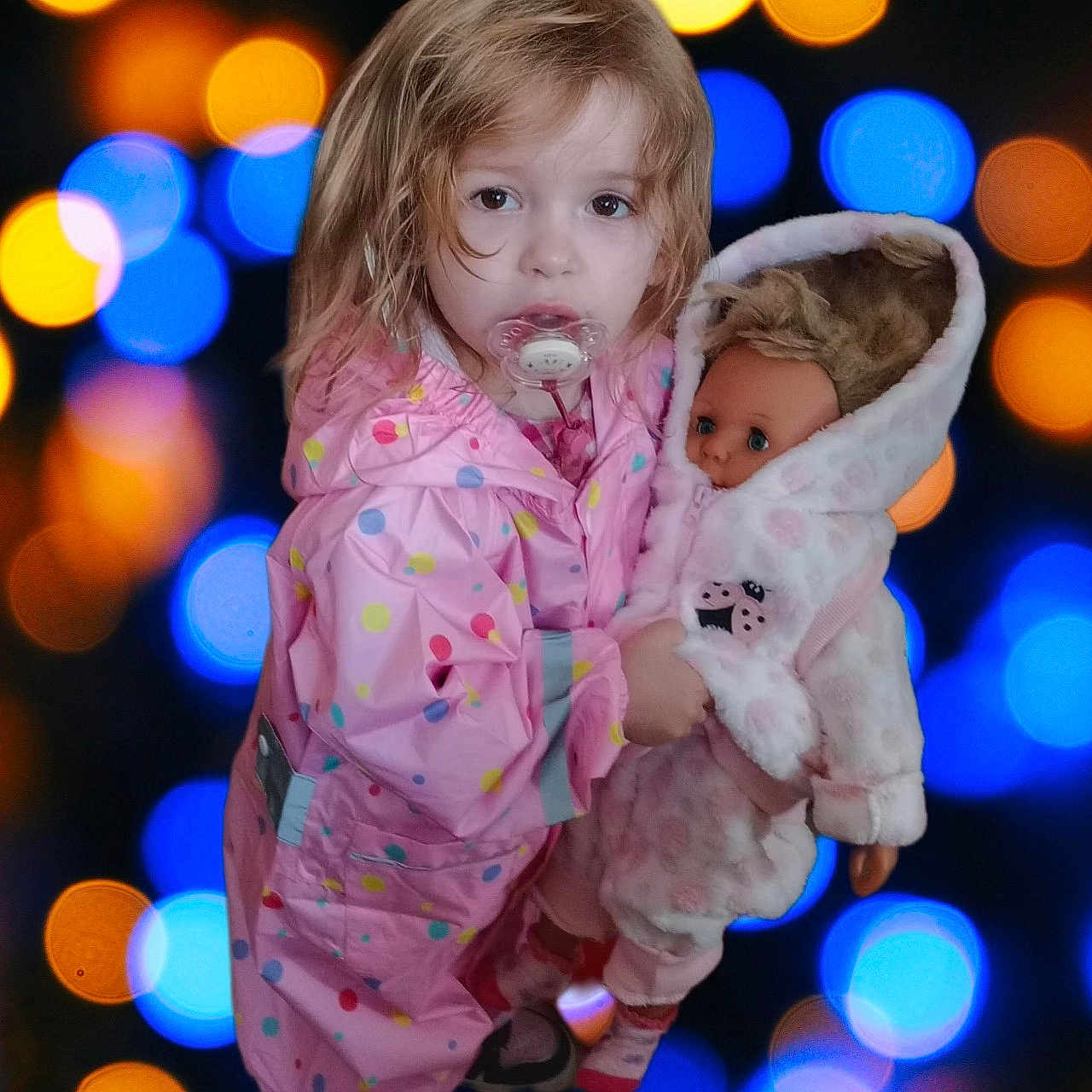 Laura participe au concours pour gagner de l'argent avec cette photo : blue, bokeh, child, clothing, cute, doll, face, footwear, hair, holding, indoor, lights, orange, pacifier, pink, polka_dot, portrait, raincoat, toddler, toy