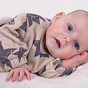 Nicolas participe au concours pour gagner de l'argent avec cette photo : baby, infant, blue_eyes, face, hand, clothing, star_pattern, blanket, soft_texture, lying_down, cute, portrait, child, skin, head, sleeve, newborn, pink_cheeks, resting, indoors