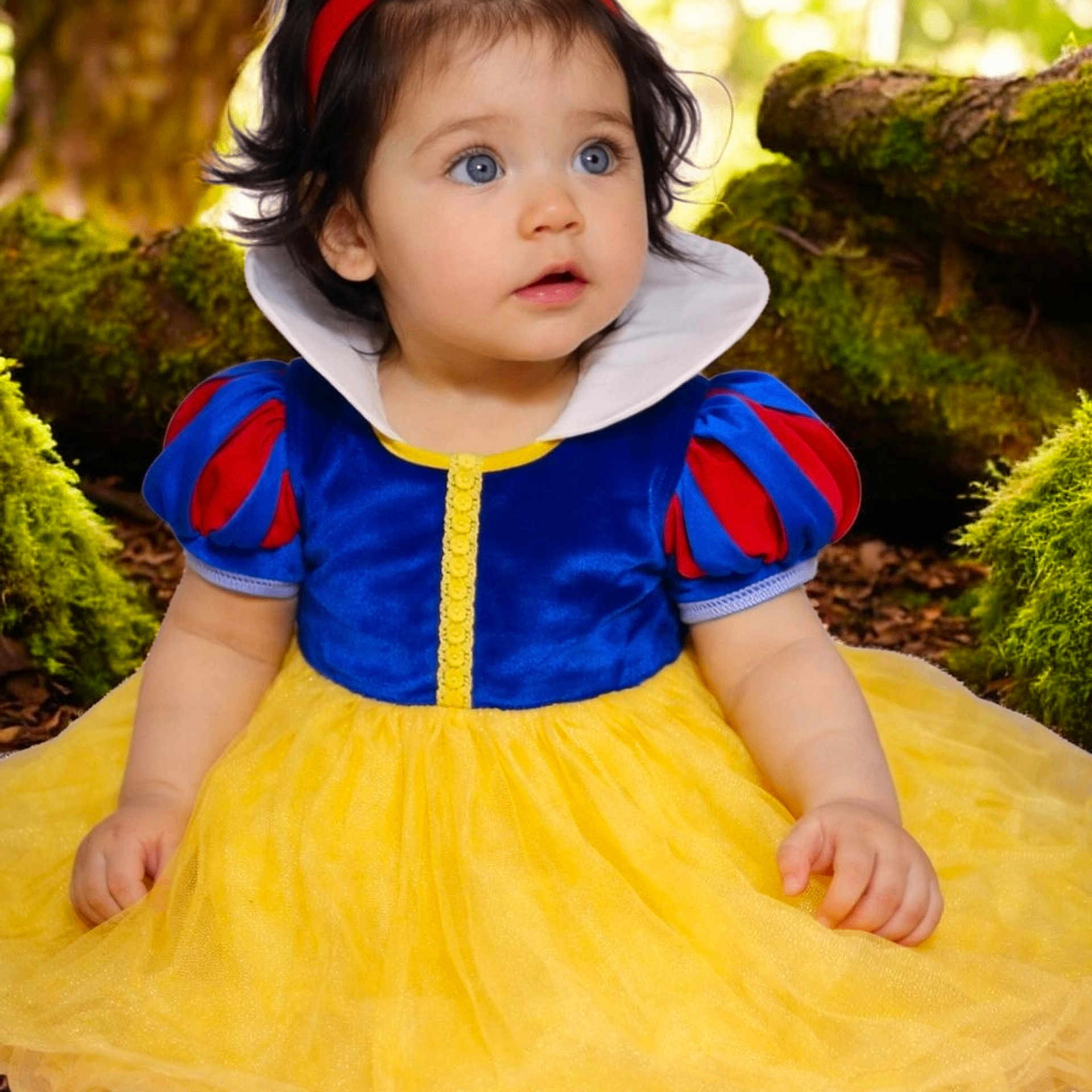 Arlett is registered to the contest to win money with this photo: baby, blue_eyes, child, costume, curly_hair, cute, dress, fairy_tale, forest, greenery, headband, moss, nature, outdoor, portrait, red_blue_top, sitting, snow_white, toddler, yellow_skirt