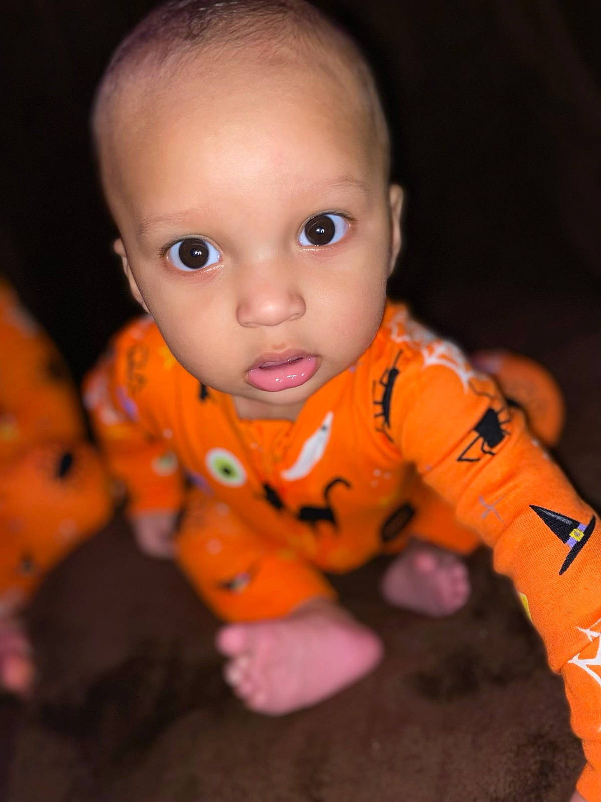 Leland joined the competition — help win amazing prizes! baby, baby_toddler_clothing, brown, cheek, chin, eye, eyebrow, facial_expression, finger, flash_photography, fun, head, human_body, iris, lip, mouth, nose, orange, person, skin