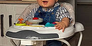 Tiago a rejoint le concours — aidez-le/la à gagner de superbes lots ! baby, walker, denim_overalls, checkered_shirt, toy, happy, smiling, indoor, floor, feet, child, face, person, home, cabinet, table, jar, spray_bottle, wood_floor, footwear