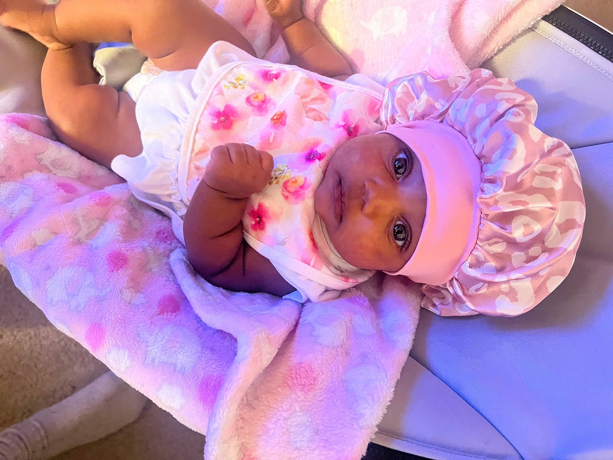 Armani joined the competition — help win amazing prizes! baby, baby_products, baby_toddler_clothing, cheek, child, comfort, fun, happy, headwear, linens, magenta, pattern, person, pink, plant, purple, room, sitting, sleep, thigh