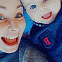baby, adult, smiling, blue_eyes, happy, selfie, close_up, face, person, child, joy, clothing, blue_outfit, indoor, portrait, cute, nose_piercing, expression, human, together