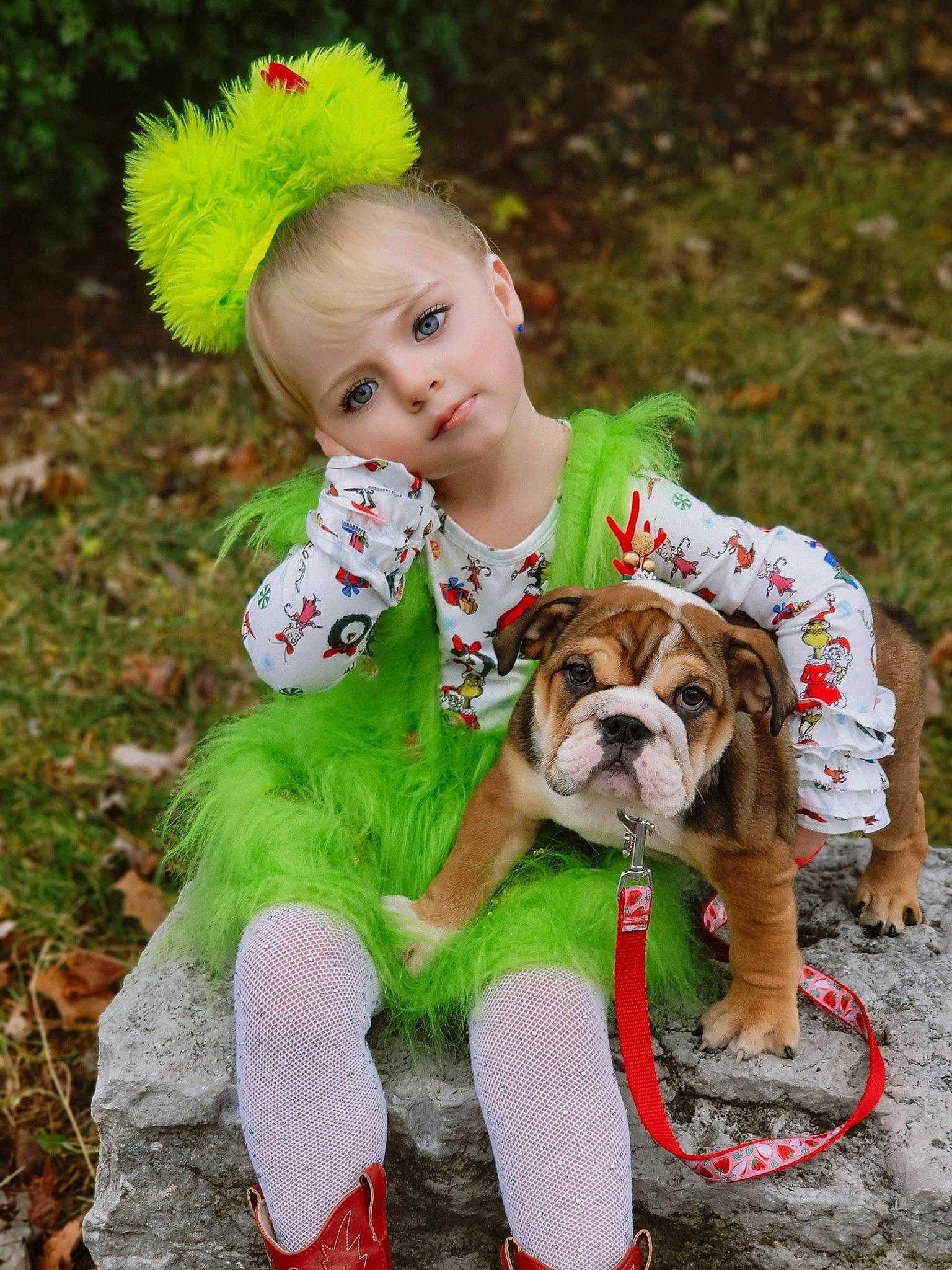 Faith joined the competition — help win amazing prizes! baby, baby_toddler_clothing, bulldog, carnivore, companion_dog, dog, dog_breed, dog_clothes, dog_collar, dog_supply, fawn, grass, happy, leash, people_in_nature, person, plant, snout, sporting_group, toddler