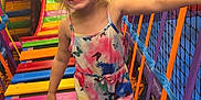 Lydia joined the competition — help win amazing prizes! child, girl, smiling, indoor_playground, colorful, bridge, netting, play_area, socks, clothing, happy, fun, active, young_child, play, feet, hair, face, summer_outfit, balance