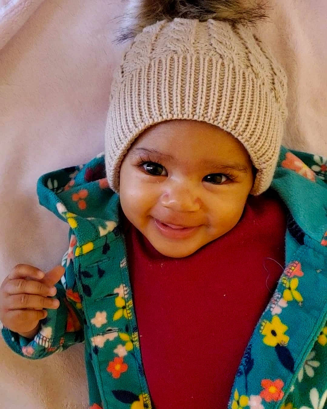 Jiannah is registered to the contest to win money with this photo: azure, cap, chin, cool, eye, eyebrow, face, facial_expression, forehead, happy, head, headgear, headwear, joy, lip, neck, nose, outerwear, person, pink