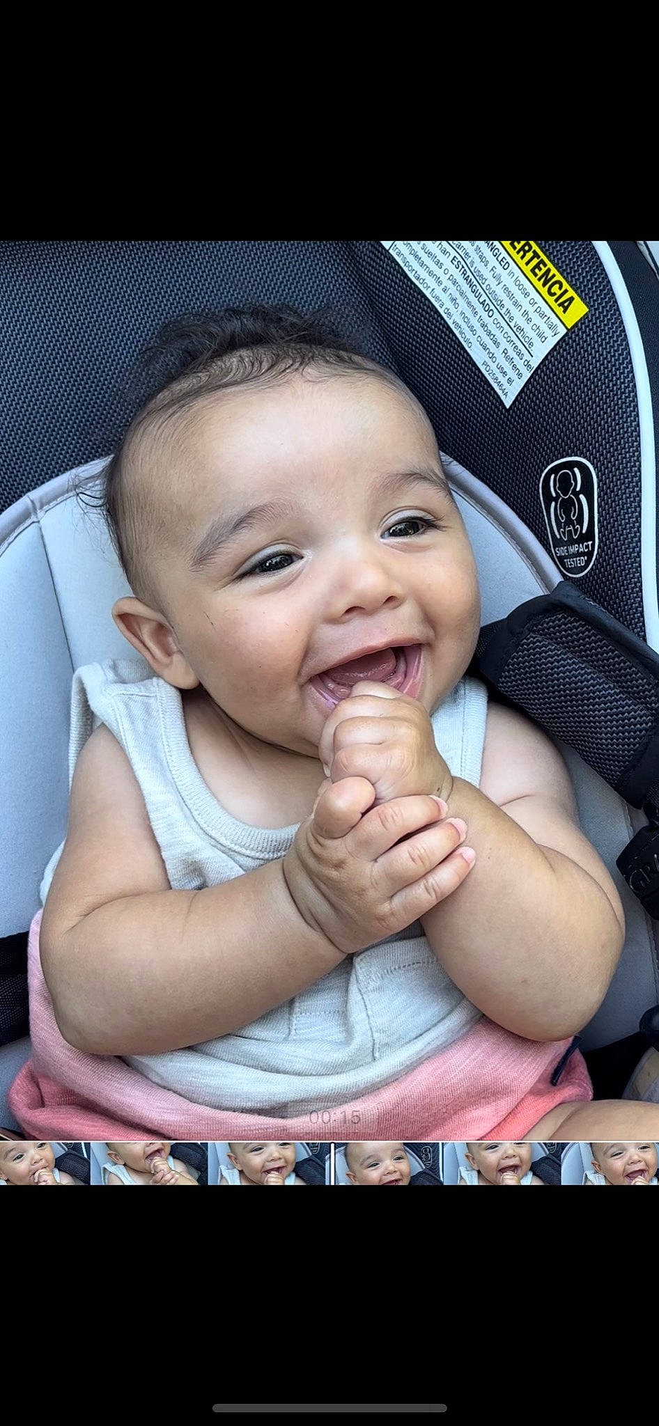 Jasiah is registered to the contest to win money with this photo: baby, baby_toddler_clothing, cheek, chin, comfort, eyebrow, finger, flash_photography, fun, gesture, happy, iris, joy, lip, mouth, nose, person, product, skin, smile