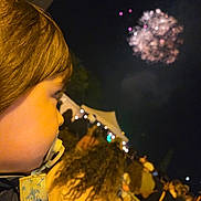 Morrison joined the competition — help win amazing prizes! child, pacifier, fireworks, night, crowd, tent, lights, outdoor, event, celebration, profile, hair, face, people, festival, darkness, watching, blurred_background, warm_light, baby