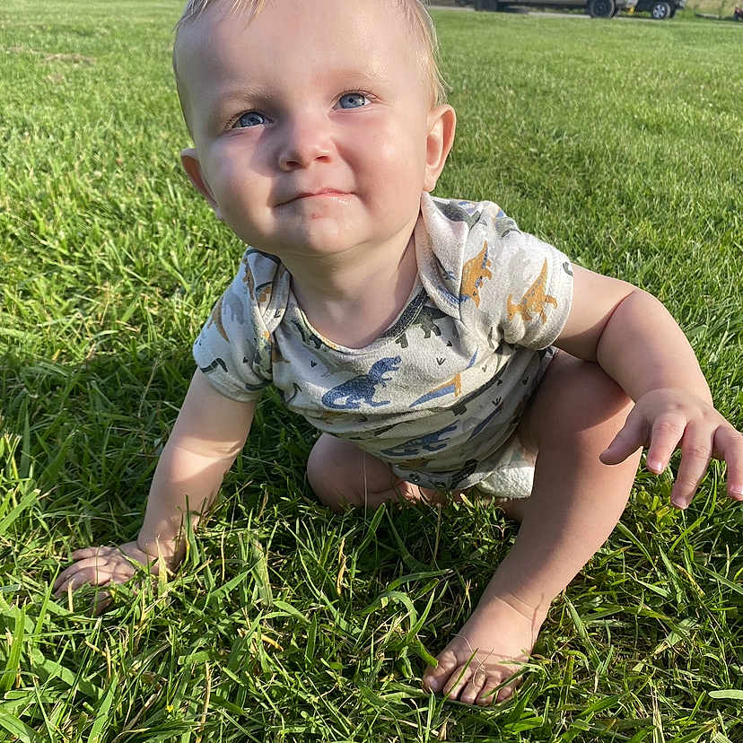 William is registered to the contest to win money with this photo: baby, car, crawling, face, field, grass, grassland, head, lawn, nature, outdoors, park, person, photography, pickuptruck, plant, portrait, transportation, truck, vehicle