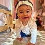 baby, carpet, child, crawling, cute, focus, furniture, happy, headband, home, indoor, infant, person, portrait, room, smiling, soft_light, toy, warm, white_clothing