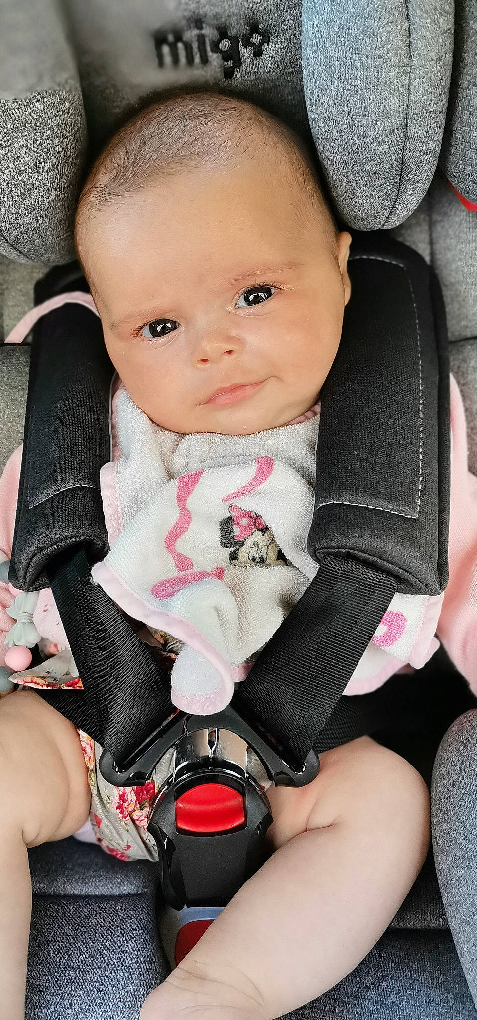 Emy a rejoint le concours — aidez-le/la à gagner de superbes lots ! baby, baby_carriage, baby_in_car_seat, baby_safety, baby_toddler_clothing, beauty, black, cheek, comfort, eye, face, finger, hand, nail, person, pink, seat_belt, skin, sleeve, toddler