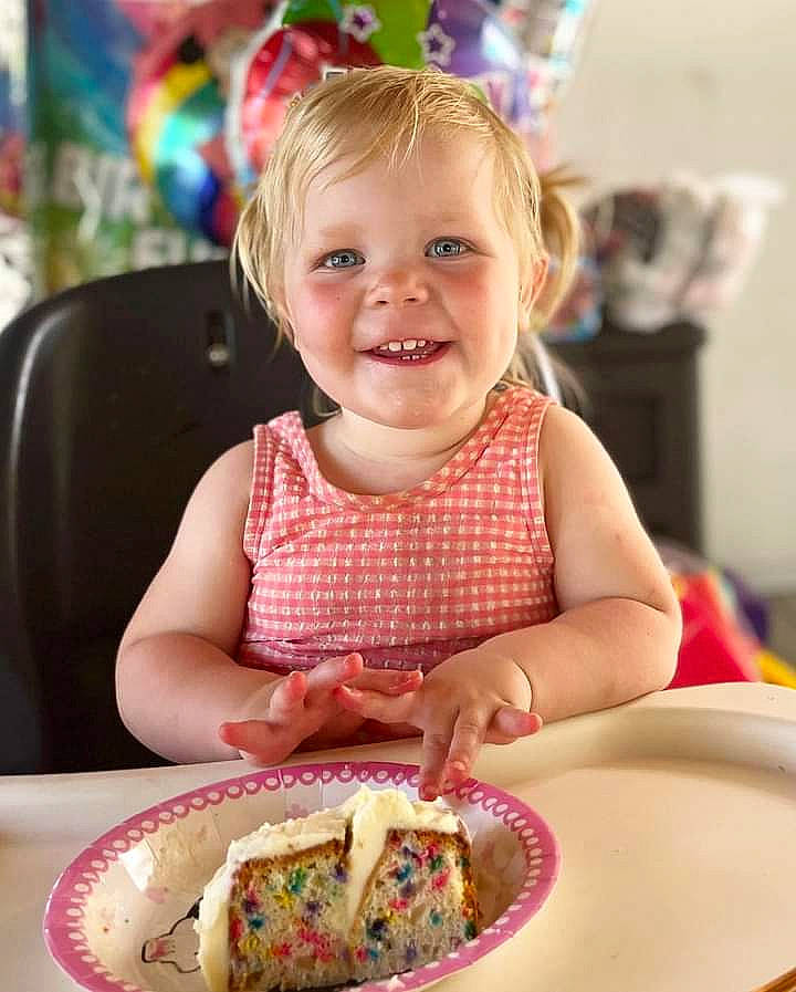 Georgia joined the competition — help win amazing prizes! baby, baby_toddler_clothing, baked_goods, birthday_cake, cake, cake_decorating, cuisine, dessert, dish, dishware, dress, food, happy, ingredient, joy, person, plate, recipe, smile, table