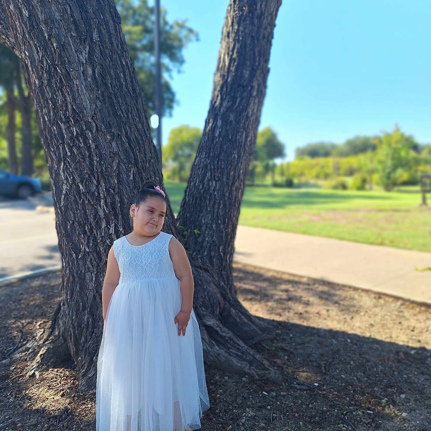 Abigail joined the competition — help win amazing prizes! beachwear, child, clothing, dress, eveningdress, face, fashion, female, formalwear, girl, gown, head, person, photography, plant, portrait, sitting, tree, treetrunk, wedding
