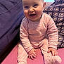 baby, cheerful, child, cozy, cushion, cute, face, footwear, hand, happy, home, indoor, infant, pillow, pink_pajamas, portrait, sitting, smiling, sock, young_child