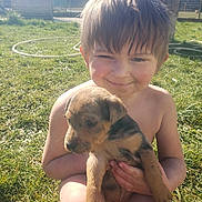 Claude participe au concours pour gagner de l'argent avec cette photo : animal, backyard, bare_chested, boy, child, cute, daylight, friendship, grass, happy, holding, nature, outdoor, pet, playful, puppy, smiling, summer, sunlight, young