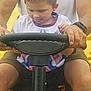 child, adult, steering_wheel, vehicle, hands, arms, playful, tongue_out, shorts, tshirt, outdoor, yellow_vehicle, sitting, closeup, person, fun, interaction, parent_child, driving, focus