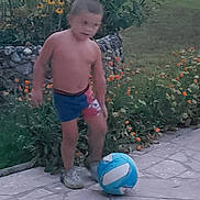 Claude participe au concours pour gagner de l'argent avec cette photo : backyard, ball, bare_chest, boy, child, flowers, garden, grass, motion_blur, outdoor, pavement, plants, playing, shirtless, shoes, shorts, soccer_ball, stone_path, stone_wall, sunflowers