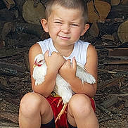 Claude is registered to the contest to win money with this photo: child, boy, chicken, poultry, woodpile, logs, outdoor, nature, summer, casual_clothing, sitting, white_chicken, farm, animal, person, legs, blue_shoes, red_shorts, white_shirt, expression