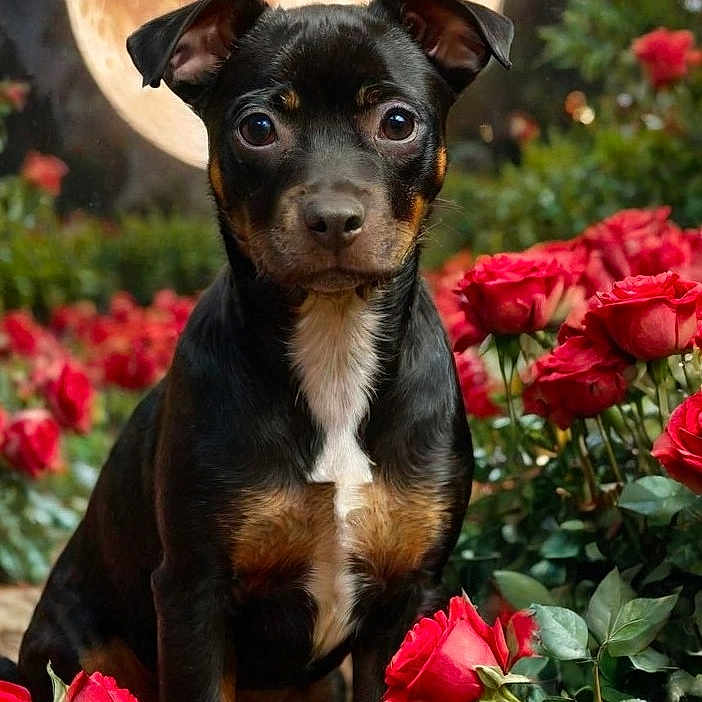 Oscar is registered to the contest to win money with this photo: animal, black_dog, brown_markings, closeup, cute, dog, flora, full_moon, garden, leaves, nature, night, outdoor, pet, plants, portrait, puppy, red_flowers, roses, sitting