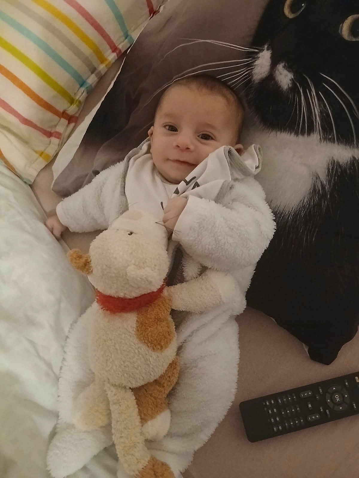 Lisandro a rejoint le concours — aidez-le/la à gagner de superbes lots ! baby, stuffed_animal, pillow, remote_control, bed, blanket, smile, infant, clothing, face, person, soft_toy, cute, indoor, resting, cozy, child, toddler, plush, animal_print