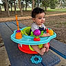 Xavier is registered to the contest to win money with this photo: baby, child, curly_hair, activity_chair, toy, teething_ring, picnic_table, outdoor, park, trees, grass, nature, happy, sitting, playful, cute, infant, person, daylight, casual