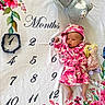 Aubrey is registered to the contest to win money with this photo: baby, blanket, months, pink, robe, floral, plush, doll, slipper, footwear, infant, cute, milestone, numbers, circle, pattern, fabric, child, lying, cozy