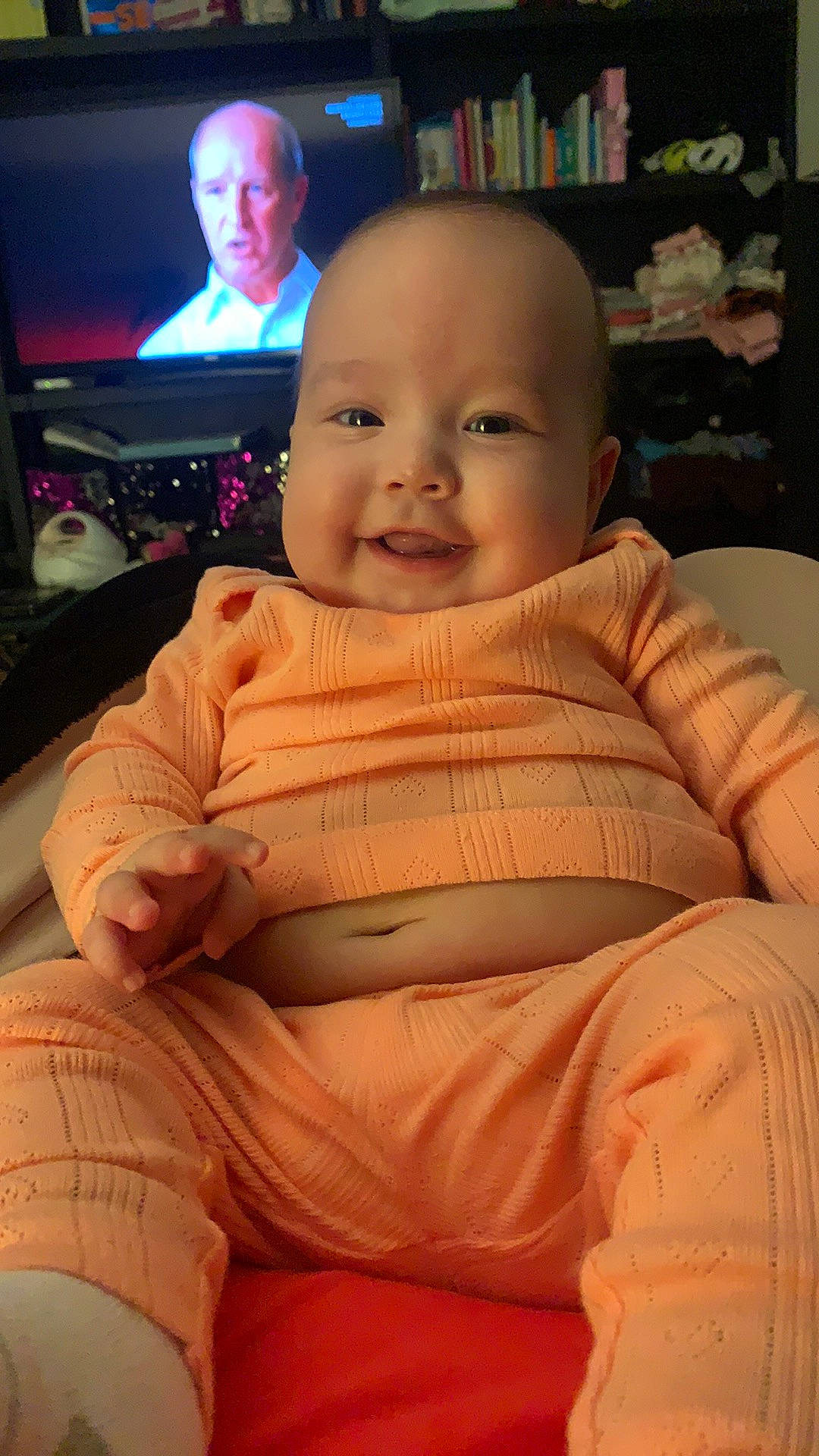 Amelia Grace is registered to the contest to win money with this photo: baby, cheek, chin, comfort, eye, eyebrow, face, hair, head, human_body, iris, joy, leg, lip, mammal, mouth, nose, person, pink, skin