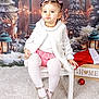 Matilde a rejoint le concours — aidez-le/la à gagner de superbes lots ! child, toddler, girl, pigtails, pink_bows, white_clothing, pink_skirt, white_tights, silver_shoes, chair, christmas_decor, reindeer, lantern, ornaments, santa_hat, winter_theme, snow_effect, carpet, festive, portrait