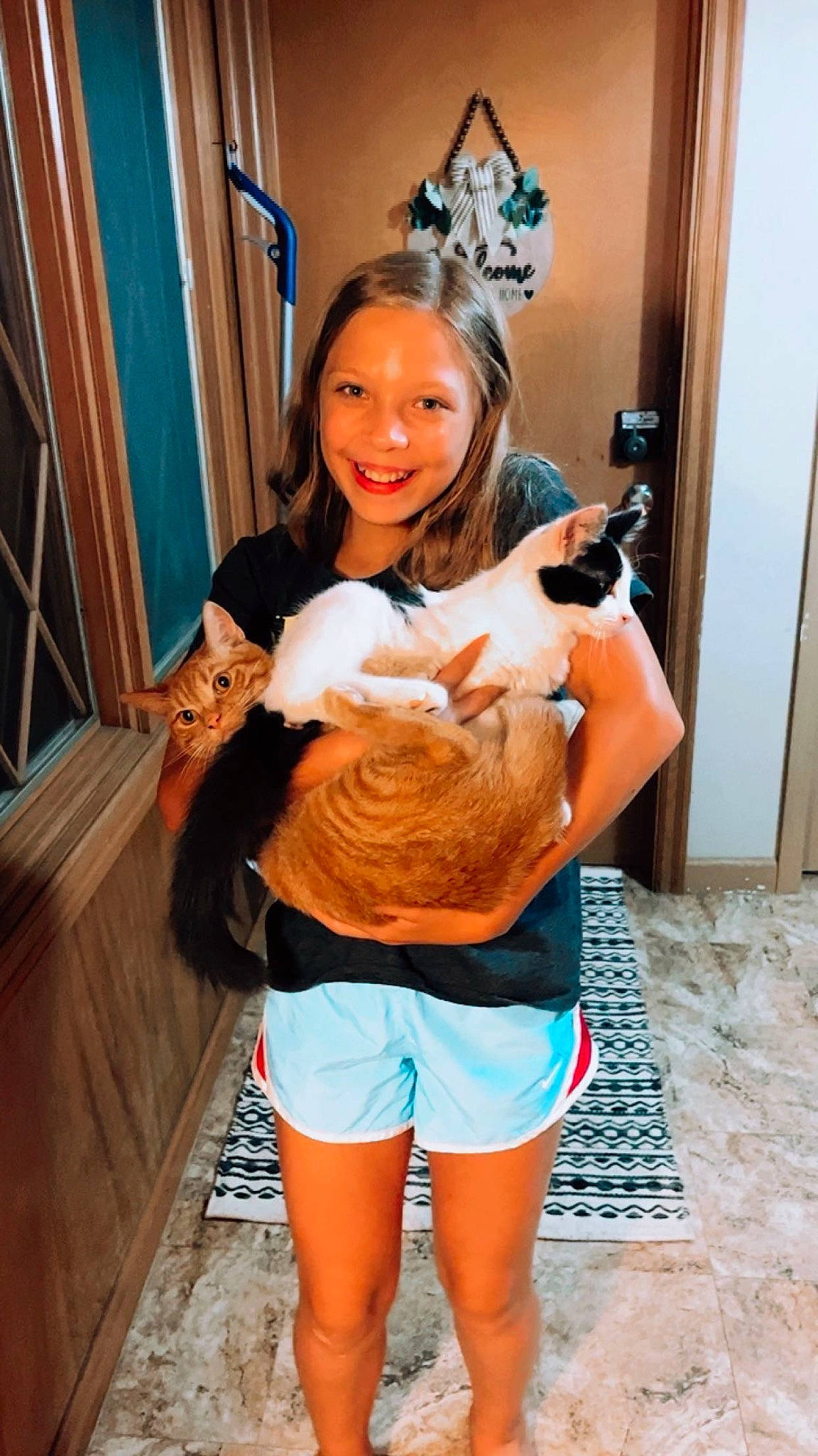 Briley joined the competition — help win amazing prizes! abdomen, blond, blue, chest, door, electric_blue, eye, fashion, fawn, fun, happy, human_leg, joy, knee, long_hair, person, shorts, smile, textile, thigh