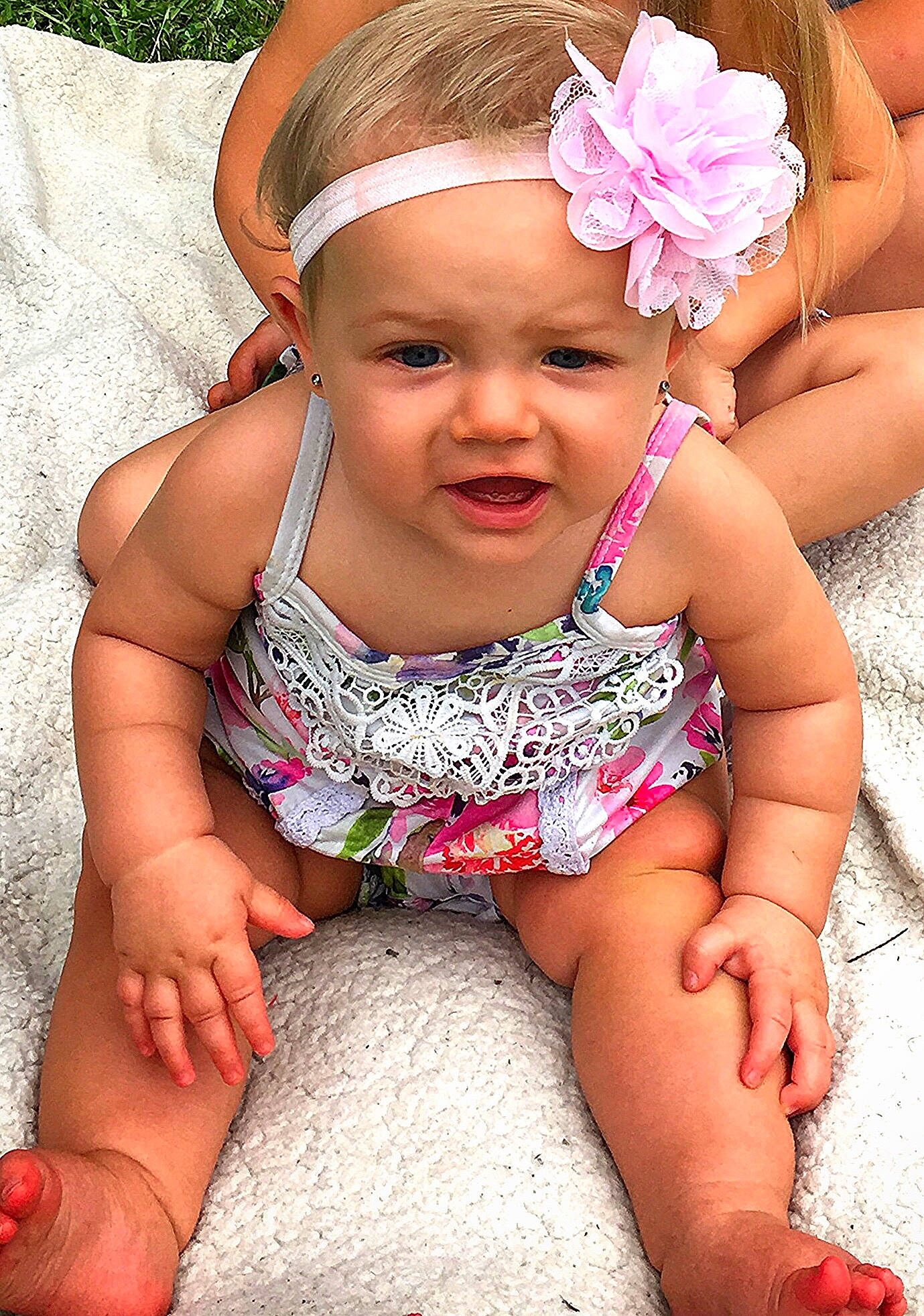Emmalyn joined the competition — help win amazing prizes! baby, baby_toddler_clothing, barefoot, cheek, child, child_model, fashion_accessory, finger, hair_accessory, hand, headband, headgear, leg, nail, person, pink, skin, smile, toddler