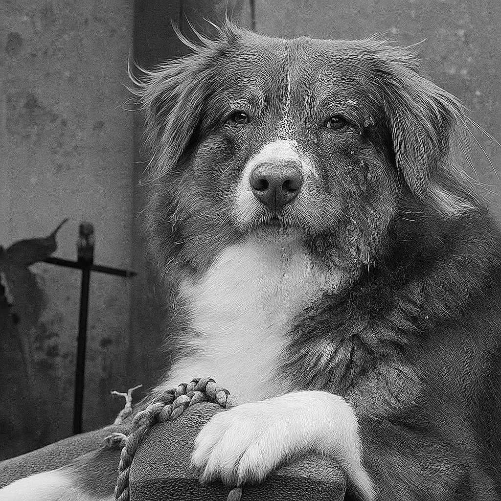 Vedette participe au concours pour gagner de l'argent avec cette photo : dog, pet, animal, portrait, black_and_white, fur, paw, close_up, canine, mammal, outdoor, texture, face, expression, calm, resting, companion, domestic_animal, whiskers, snout