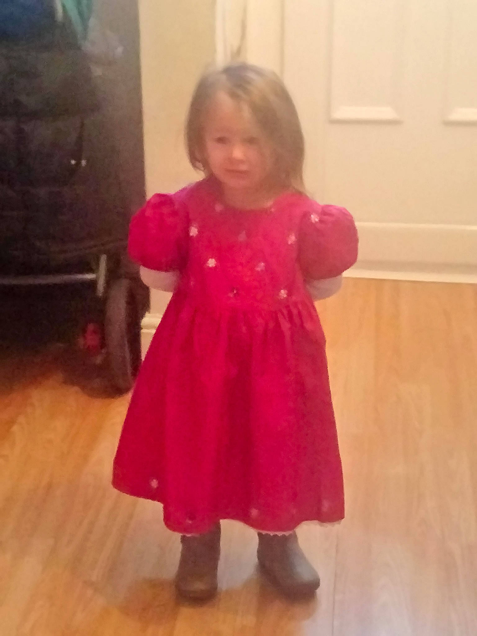 Eve joined the competition — help win amazing prizes! blurred, child, clothing, costume, day, dress, flooring, fun, girl, magenta, outerwear, person, pink, standing, toddler