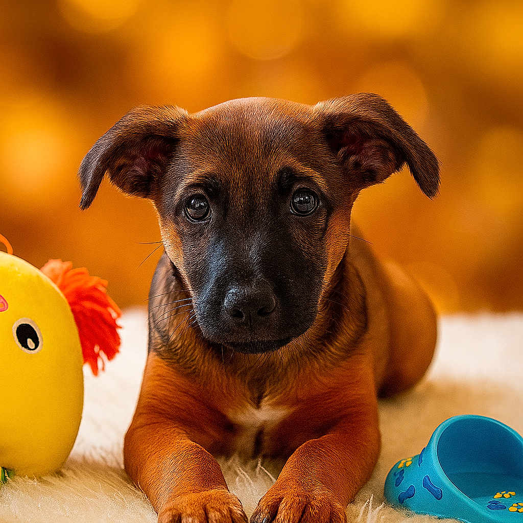 Max participe au concours pour gagner de l'argent avec cette photo : animal, black_muzzle, blue_toy, bokeh, brown_puppy, close_up, cute, dog, ears, fluffy_surface, indoor, lying_down, paws, pet, playful, puppy, soft_texture, toy, warm_lighting, yellow_toy