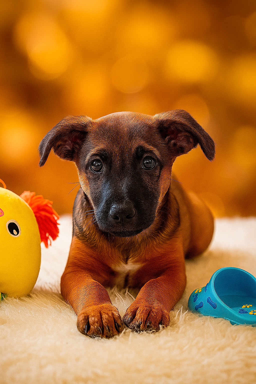 Max participe au concours pour gagner de l'argent avec cette photo : puppy, dog, toy, yellow_toy, blue_toy, fluffy_surface, brown_puppy, black_muzzle, ears, paws, close_up, bokeh, warm_lighting, indoor, cute, pet, animal, lying_down, playful, soft_texture
